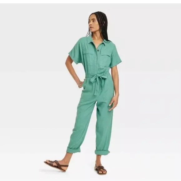 Universal Thread Women's Short Sleeve Linen jumpsuit, romper Green women’s Size - Picture 4 of 12